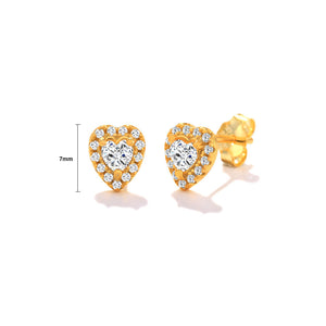 925 Sterling Silver Plated Gold Simple Bright Heart Stud Earrings with Cubic Zirconia
