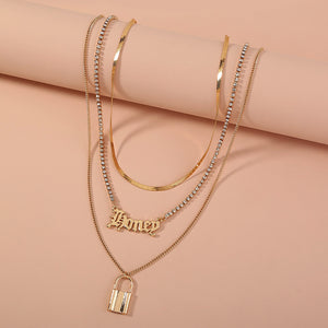 Fashion Personality Plated Gold English Alphabet Lock Pendant with Multilayer Necklace