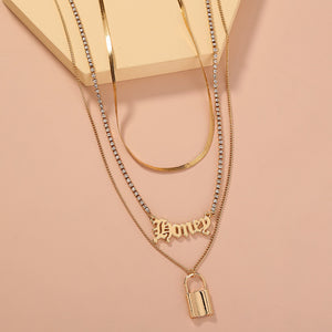 Fashion Personality Plated Gold English Alphabet Lock Pendant with Multilayer Necklace