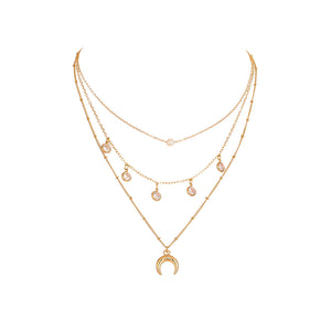 Simple Fashion Plated Gold Moon Pendant with Cubic Zirconia and Multilayer Necklace