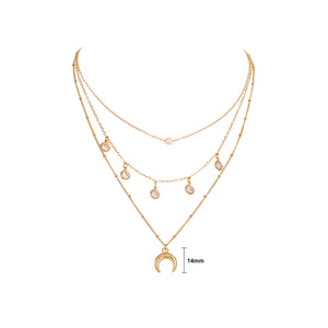 Simple Fashion Plated Gold Moon Pendant with Cubic Zirconia and Multilayer Necklace