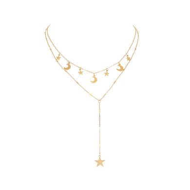 Fashion Simple Plated Gold Moon Star Tassel Pendant with Double Layer Necklace
