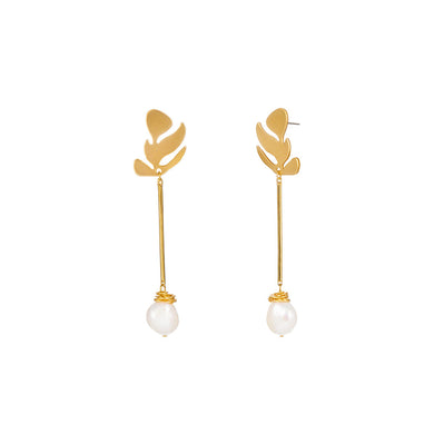 Fashion Simple Plated Gold Leaf Tassel Imitation Pearl Earrings