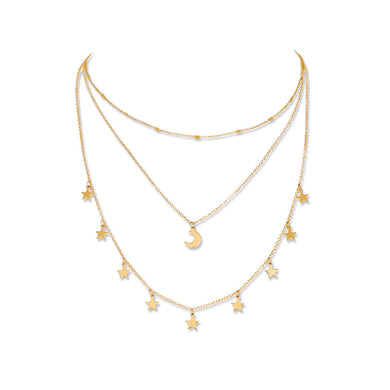 Simple Fashion Plated Gold Moon Star Pendant with Layered Necklace
