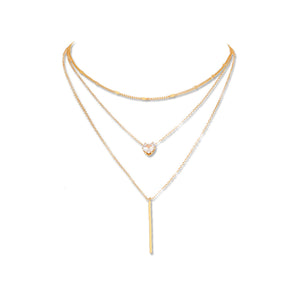 Simple Fashion Plated Gold Heart Cubic Zirconia Bar Tassel Pendant with Layered Necklace