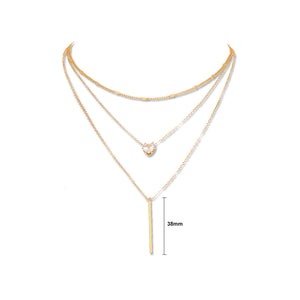 Simple Fashion Plated Gold Heart Cubic Zirconia Bar Tassel Pendant with Layered Necklace