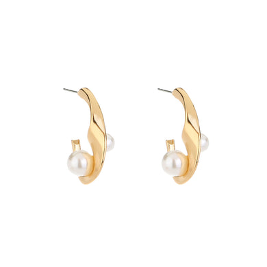 Fashion Simple Plated Gold Curved Irregular C-Shape Geometric Stud Earrings with Imitation Pearls