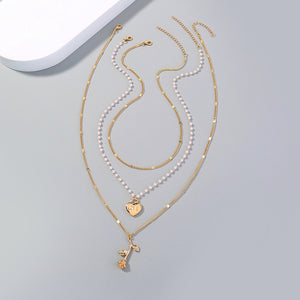 Fashion Romantic Plated Gold Heart Rose Pendant with Beaded Multilayer Necklace
