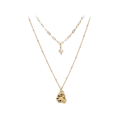 Fashion Simple Plated Gold Irregular Geometric Pendant with Imitation Pearls and Double Layer Necklace