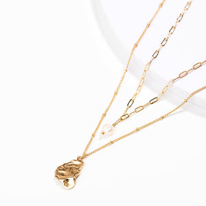 Fashion Simple Plated Gold Irregular Geometric Pendant with Imitation Pearls and Double Layer Necklace