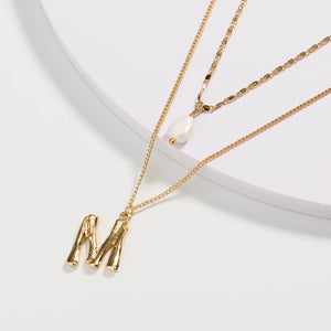Fashion Simple Plated Gold Alphabet M Pendant with Imitation Pearls and Double Layer Necklace