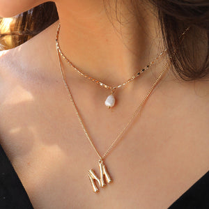 Fashion Simple Plated Gold Alphabet M Pendant with Imitation Pearls and Double Layer Necklace