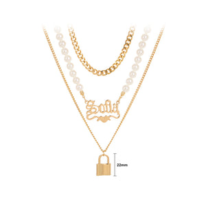 Fashion and Creative Plated Gold English Alphabet Lock Pendant with Imitation Pearl and Multilayer Necklace