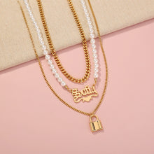 Load image into Gallery viewer, Fashion and Creative Plated Gold English Alphabet Lock Pendant with Imitation Pearl and Multilayer Necklace