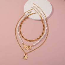 Load image into Gallery viewer, Fashion and Creative Plated Gold English Alphabet Lock Pendant with Imitation Pearl and Multilayer Necklace