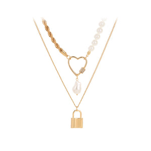 Fashion Simple Plated Gold Hollow Heart Lock Pendant with Imitation Pearl Beaded Double Layer Necklace