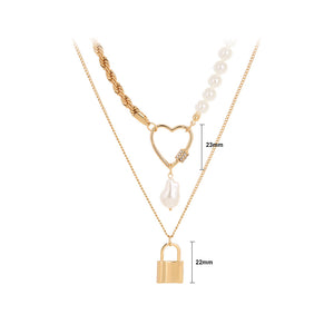 Fashion Simple Plated Gold Hollow Heart Lock Pendant with Imitation Pearl Beaded Double Layer Necklace