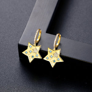 Fashion Simple Plated Gold Star Earrings with Blue Cubic Zirconia