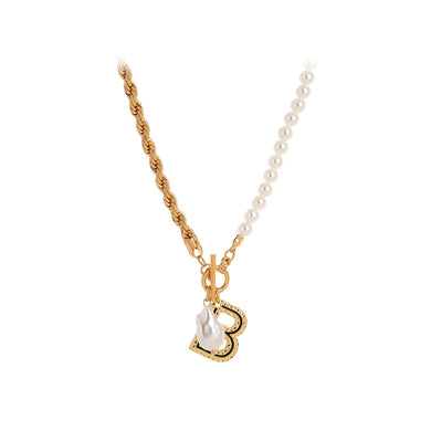 Simple Personality Plated Gold Alphabet B Pendant with Beaded Necklace