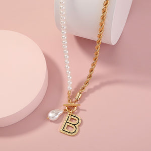 Simple Personality Plated Gold Alphabet B Pendant with Beaded Necklace