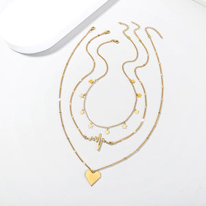 Simple and Romantic Plated Gold Heart ECG Pendant with Multilayer Necklace