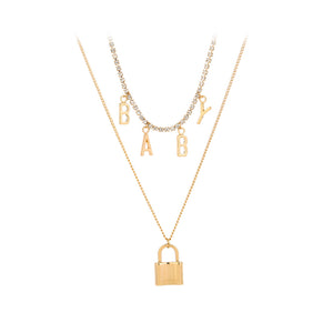 Fashion Romantic Plated Gold Lock Baby Pendant with Cubic Zirconia and Double Layer Necklace