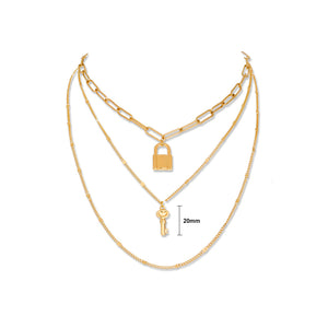 Fashion Personality Plated Gold Lock Key Pendant with Layered Necklace