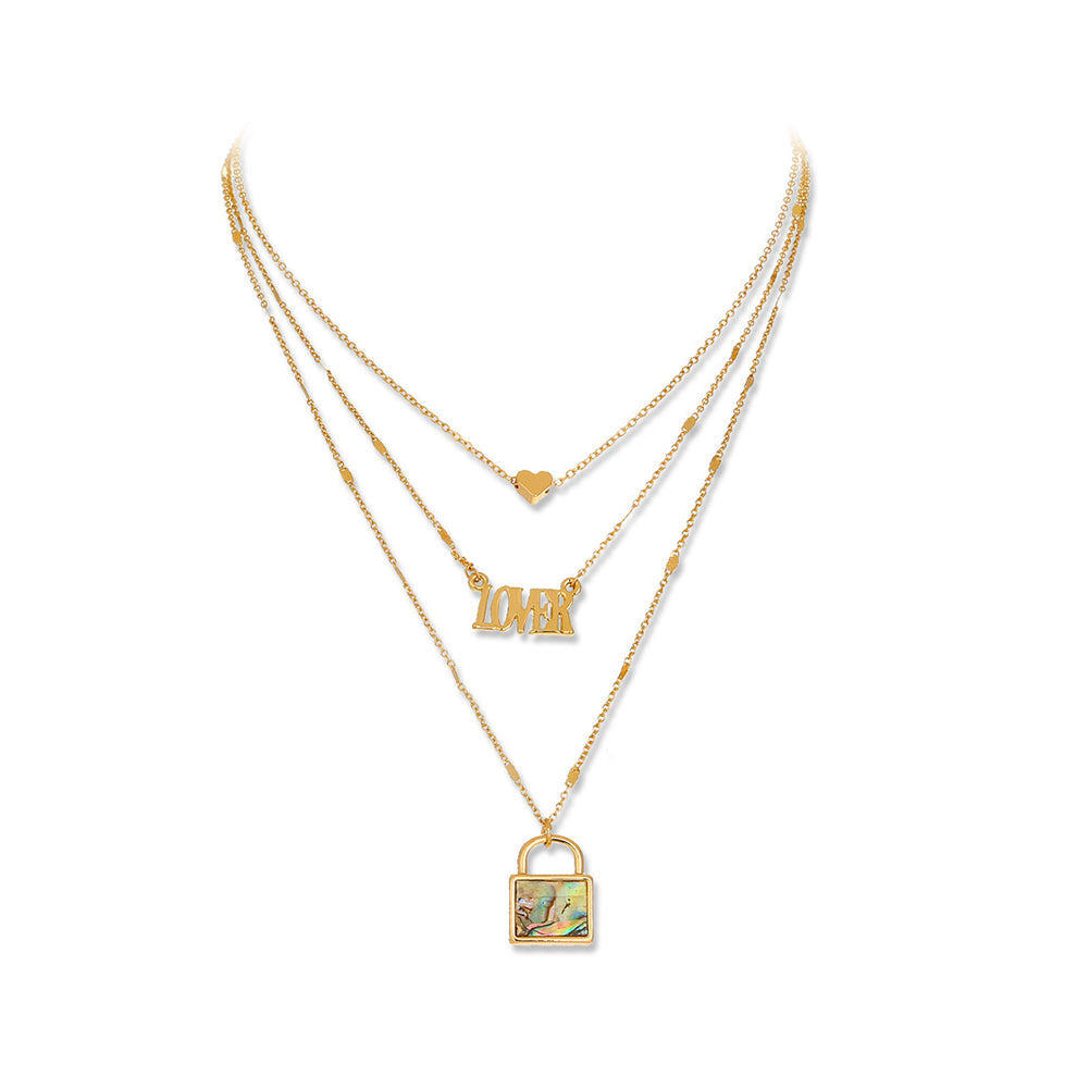 Simple and Romantic Plated Gold Heart Shell Lock Pendant with Multilayer Necklace