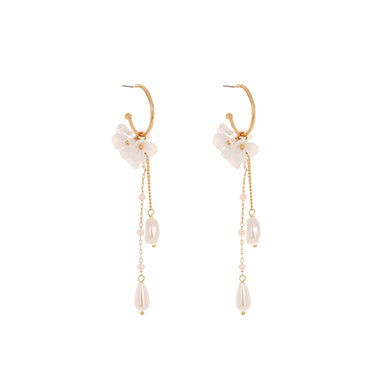 Fashion and Elegant Plated Gold Flower Tassel Imitation Pearl C-shape Circle Earrings