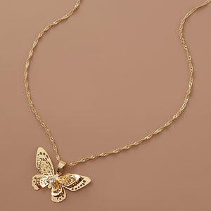 Fashion Elegant Plated Gold Hollow Butterfly Pendant with Cubic Zirconia and Necklace