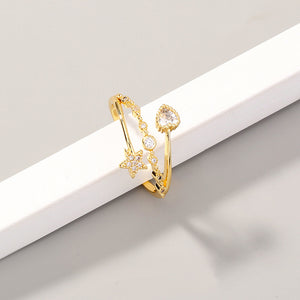Fashion Simple Plated Gold Heart Star Adjustable Open Ring with Cubic Zirconia