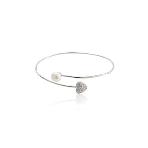 925 Sterling Silver Simple Romantic Heart Cubic Zirconia Open Bangle with Freshwater Pearls