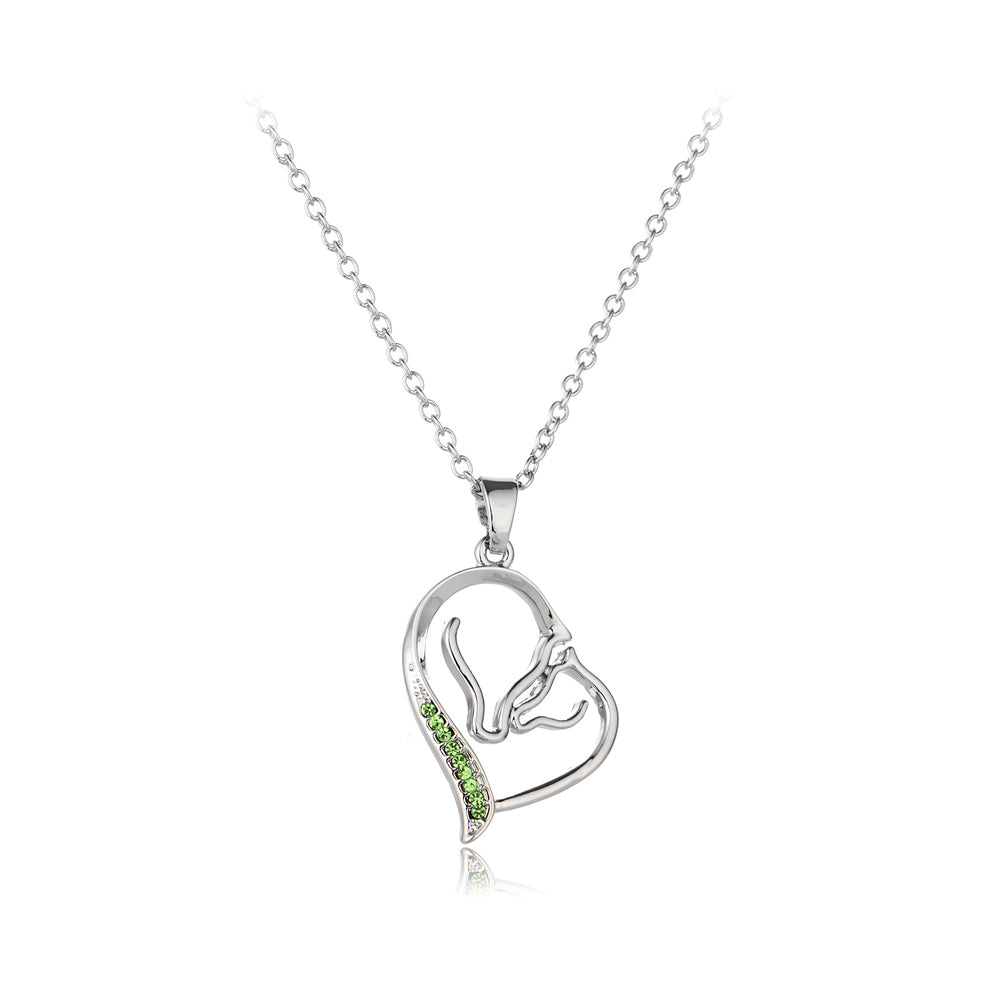 Fashion and Elegant Double Horse Head Heart Pendant with Green Cubic Zirconia and Necklace