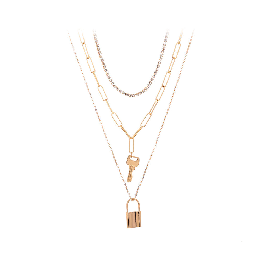 Fashion Simple Plated Gold Lock Key Pendant with Cubic Zirconia and Multilayer Necklace