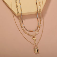Load image into Gallery viewer, Fashion Simple Plated Gold Lock Key Pendant with Cubic Zirconia and Multilayer Necklace