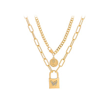 Load image into Gallery viewer, Fashion Simple Plated Gold Butterfly Lock Pendant with Cubic Zirconia and Double Layer Necklace