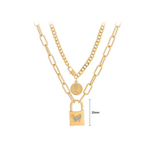 Fashion Simple Plated Gold Butterfly Lock Pendant with Cubic Zirconia and Double Layer Necklace