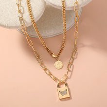 Load image into Gallery viewer, Fashion Simple Plated Gold Butterfly Lock Pendant with Cubic Zirconia and Double Layer Necklace