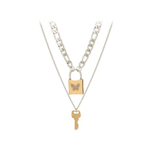 Load image into Gallery viewer, Fashion Temperament Key Butterfly Lock Pendant with Cubic Zirconia and Double Layer Necklace