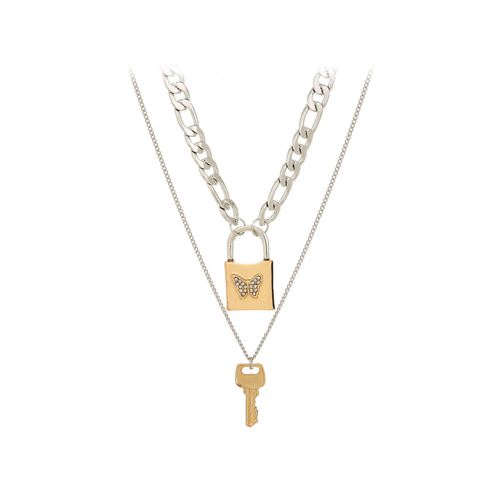 Fashion Temperament Key Butterfly Lock Pendant with Cubic Zirconia and Double Layer Necklace