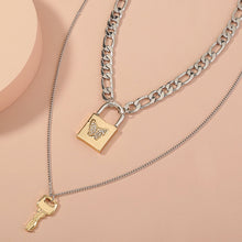 Load image into Gallery viewer, Fashion Temperament Key Butterfly Lock Pendant with Cubic Zirconia and Double Layer Necklace