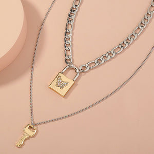 Fashion Temperament Key Butterfly Lock Pendant with Cubic Zirconia and Double Layer Necklace
