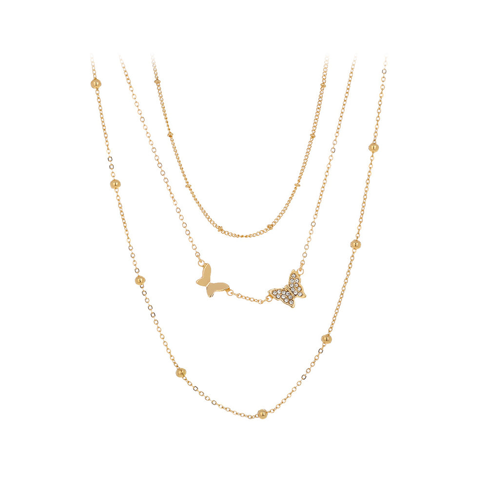 Simple and Elegant Plated Gold Butterfly Layered Necklace with Cubic Zirconia