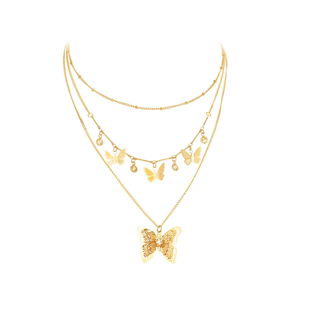 Fashion and Elegant Plated Gold Hollow Butterfly Pendant with Layered Necklace