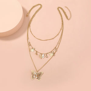 Fashion and Elegant Plated Gold Hollow Butterfly Pendant with Layered Necklace