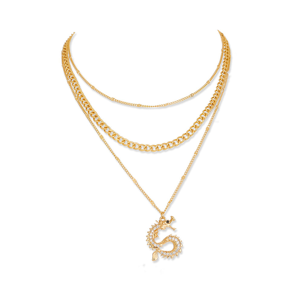 Fashion Personality Plated Gold Chinese Dragon Pendant with Multi Layer Necklace with Cubic Zirconia