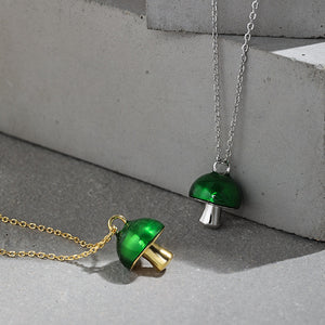 925 Sterling Silver Plated Gold Simple Cute Green Epoxy Mushroom Pendant with Necklace