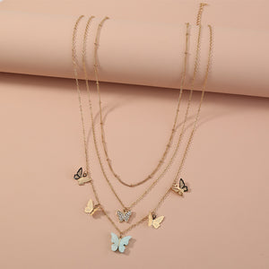 Fashion Elegant Plated Gold Butterfly Pendant with Cubic Zirconia and Layered Necklace