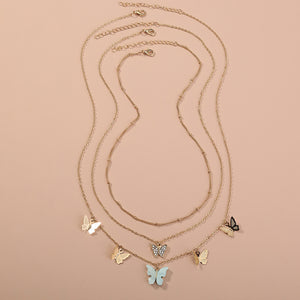 Fashion Elegant Plated Gold Butterfly Pendant with Cubic Zirconia and Layered Necklace
