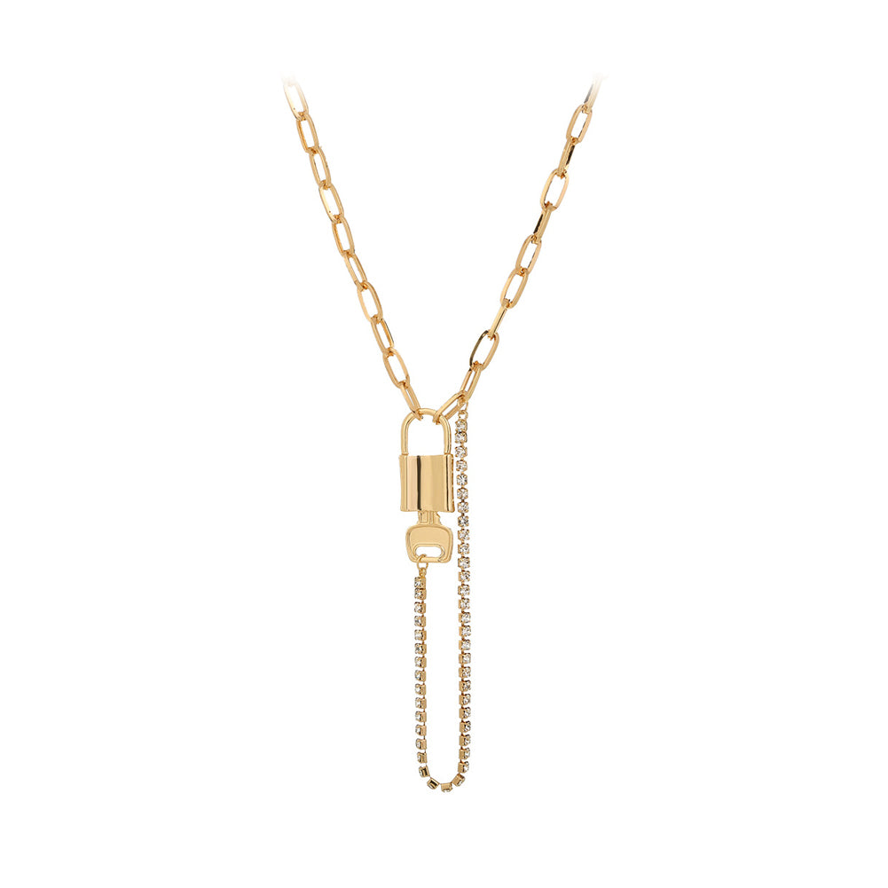 Fashion Personality Plated Gold Key Lock Tassel Pendant with Cubic Zirconia and Necklace